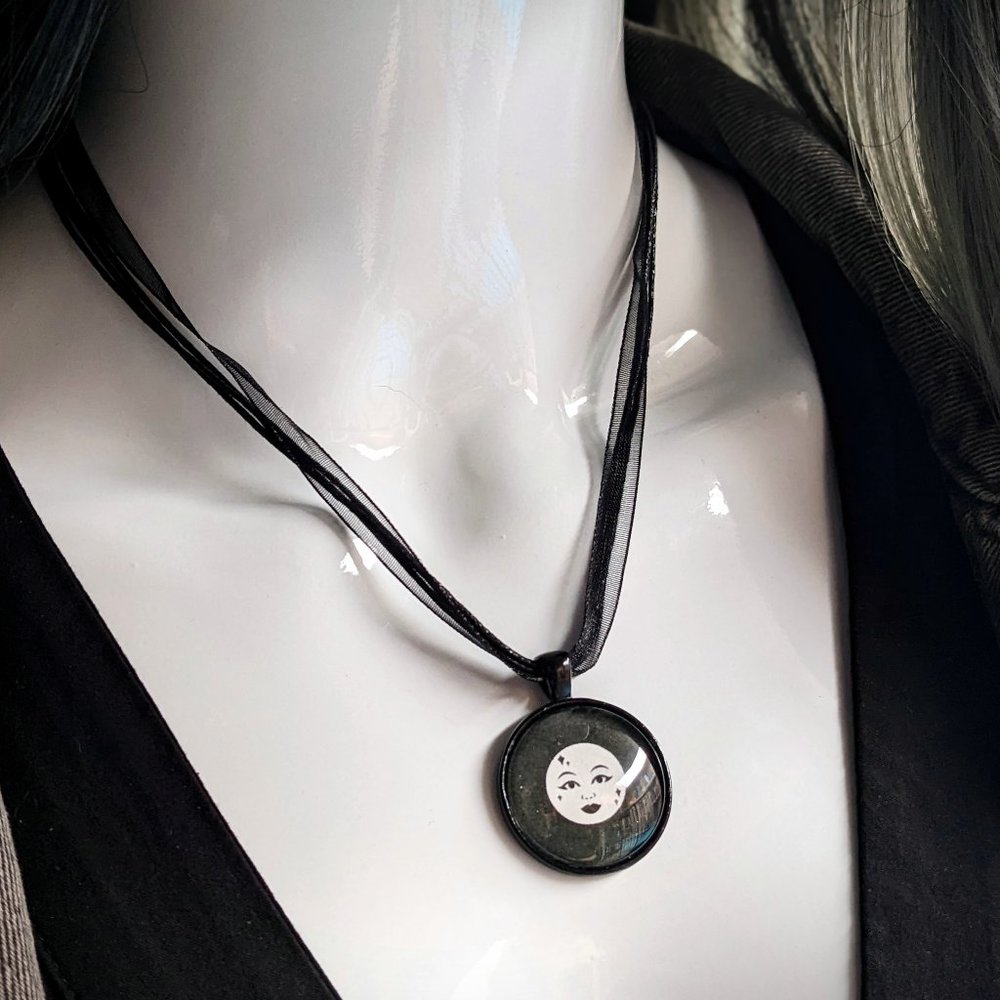 Full Moon Glass Cabochon Pendant Black Ribbon Triple Cord Lobster Clasp Necklace